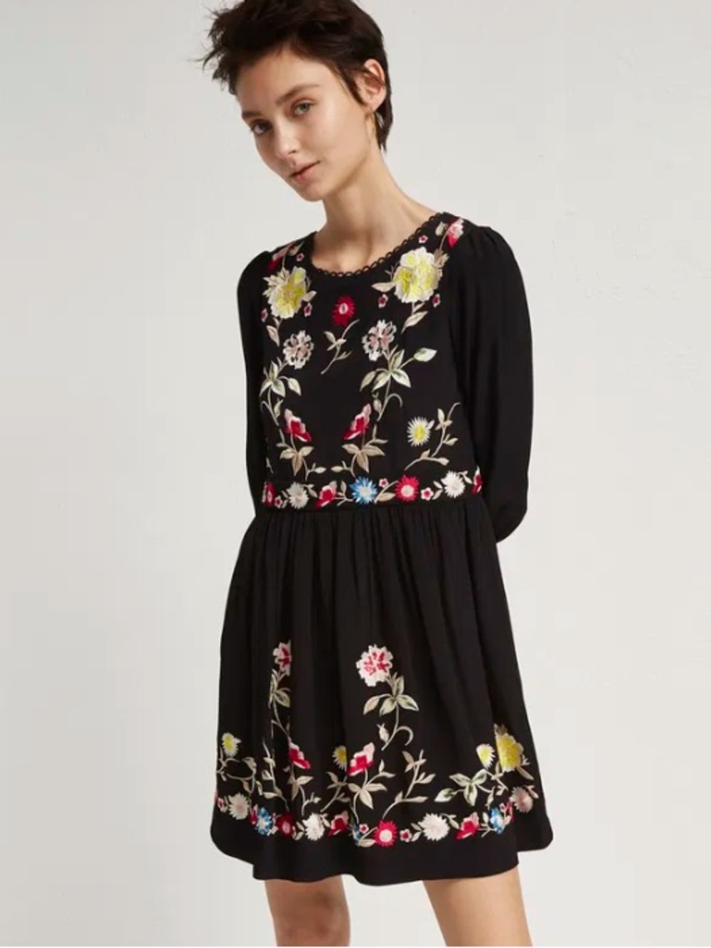 French Connection Black Floral Embroidered Long-Sleeve Dress Sz 8